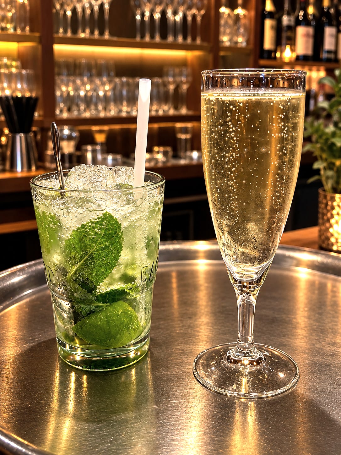 Un mojito et une coupe de champagne sur le comptoir du bar