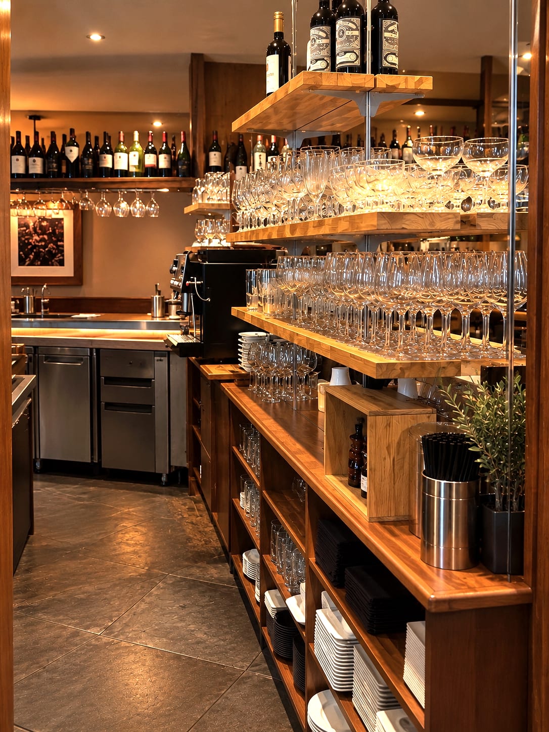 Le comptoir du bar, ses verres suspendus et ses bouteilles