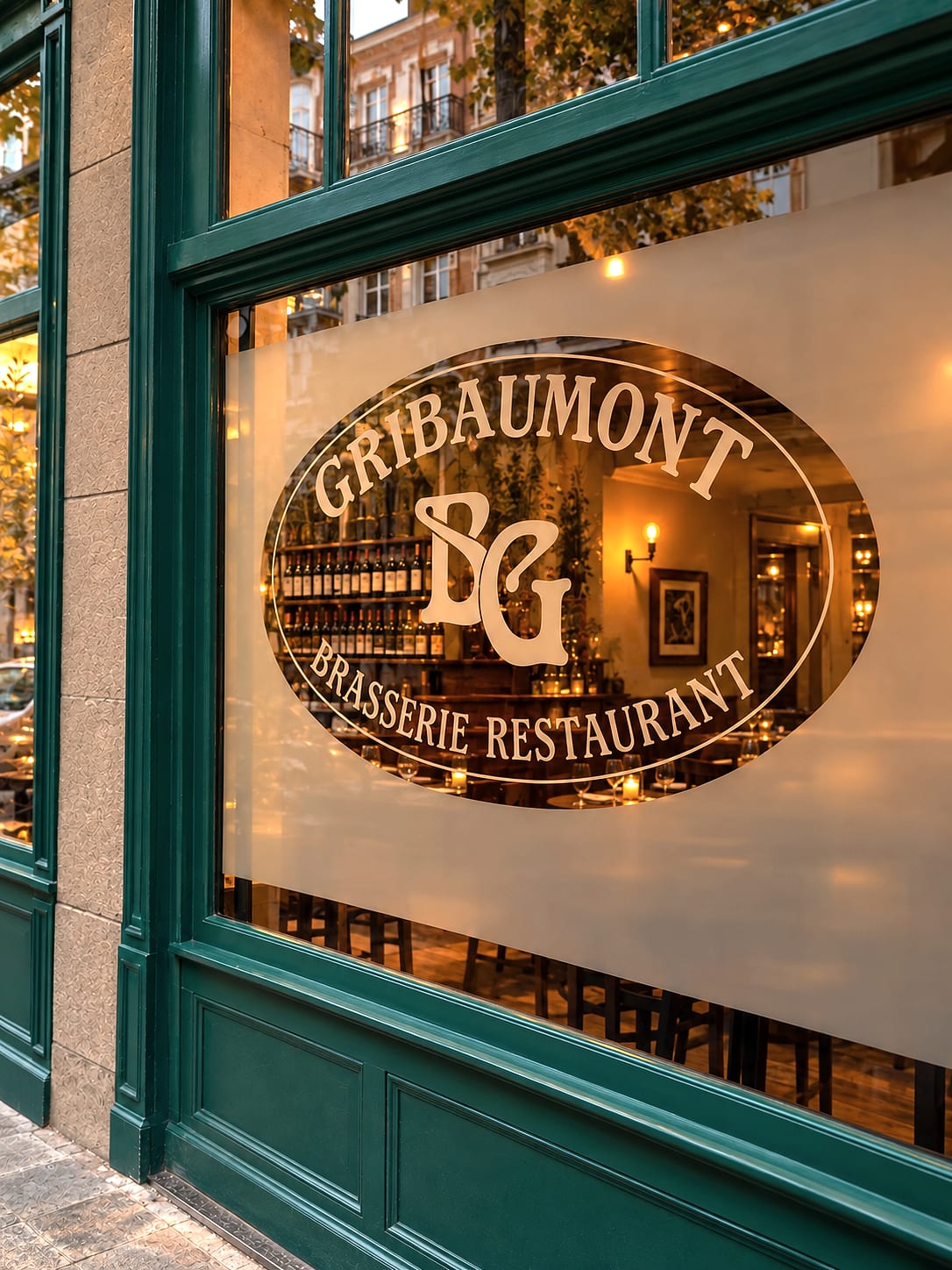 La vitrine de la brasserie Gribaumont et son monogramme gravé